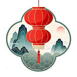 中国风红灯笼山水画矢量设计