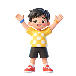卡通男孩双臂高举开心站立