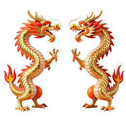 两只金色龙雕塑对峙图片