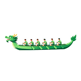 绿色龙舟上五人划桨图片