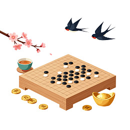 围棋棋盘旁的樱花与飞燕