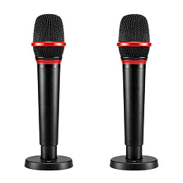 两个黑色带红色环的麦克风并排展示
