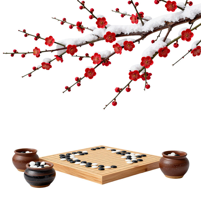 雪梅枝下围棋对弈图片