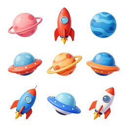九个卡通风格的太空星球和火箭