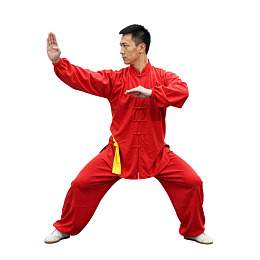 男子身着红色武术服摆出太极姿势