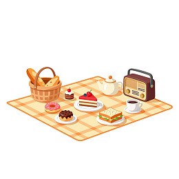 野餐布上的美食与收音机