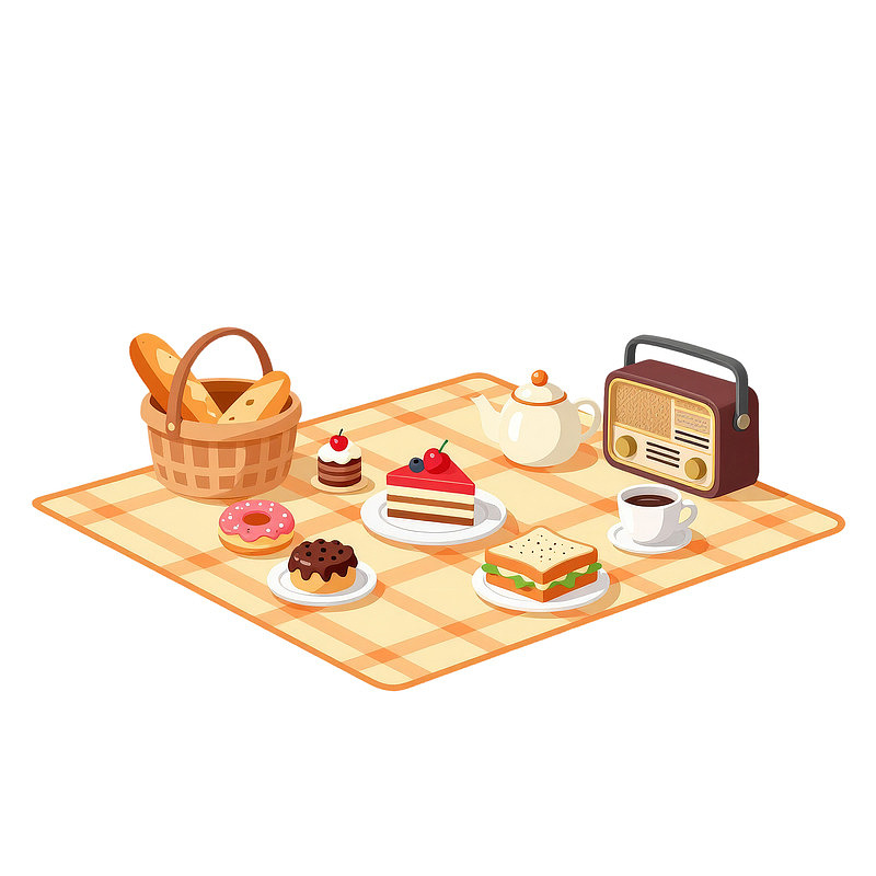 野餐布上的美食与收音机