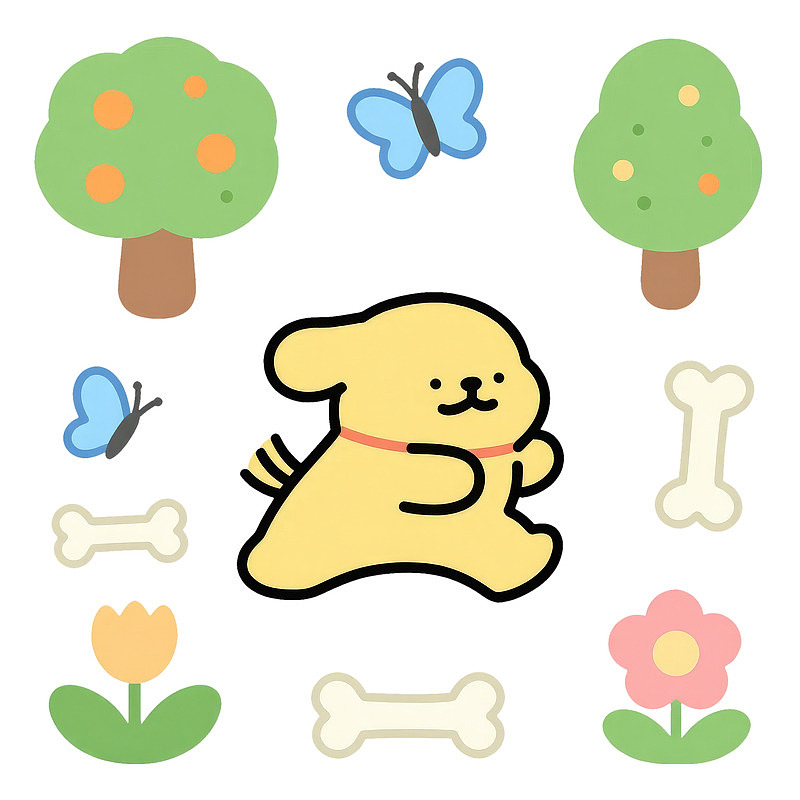 卡通小狗与花草蝴蝶图片