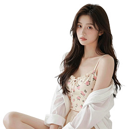 长发女子身着碎花吊带裙