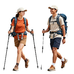 男女徒步旅行者手持登山杖