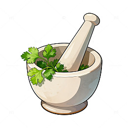 卡通石臼与香菜插画