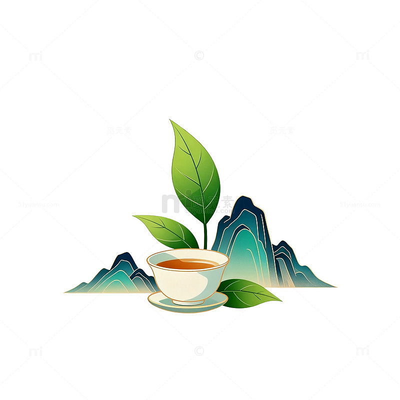 山水茶杯中国风插画