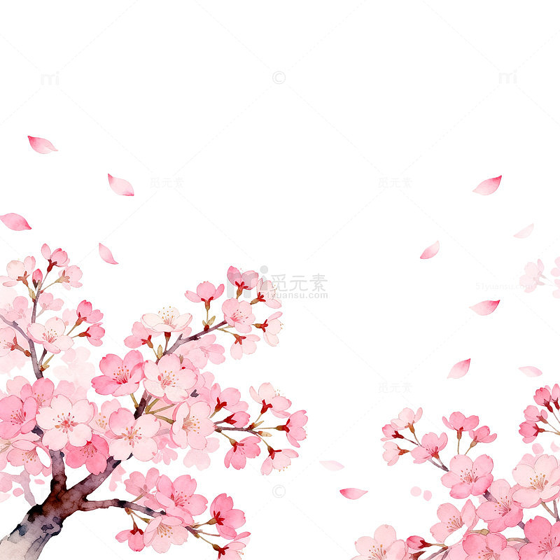 水彩樱花飘落春天插画