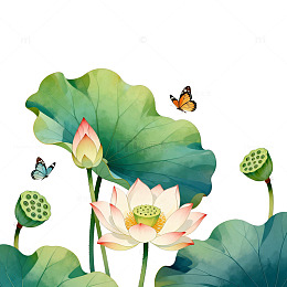 水墨荷花蝴蝶插画素材