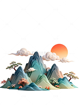 山水风景画日落山峦云树中国风插画素材