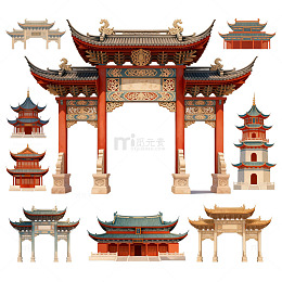 传统东方建筑插画集合