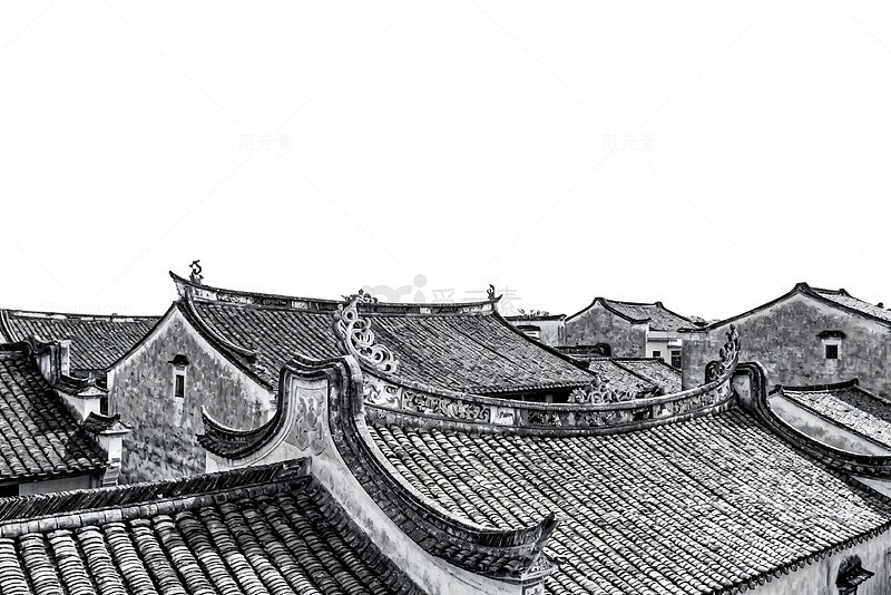 黑白水墨画传统民居建筑