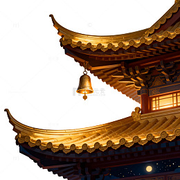 古风建筑金色屋檐铃铛特写