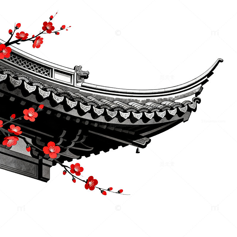 水墨风古建筑梅花装饰图