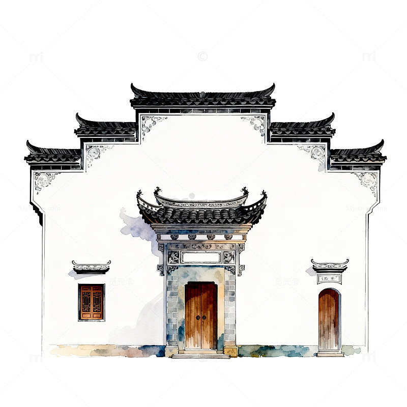 传统中式建筑水彩画