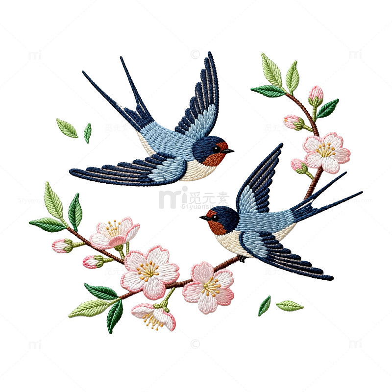 刺绣燕子花朵图案装饰素材