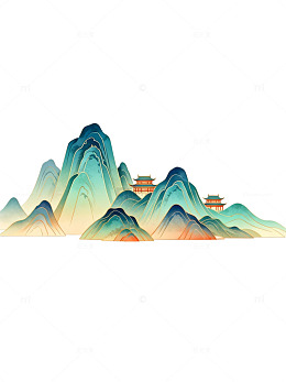 国潮山水画古风建筑矢量插画