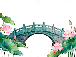 水彩荷花拱桥装饰画