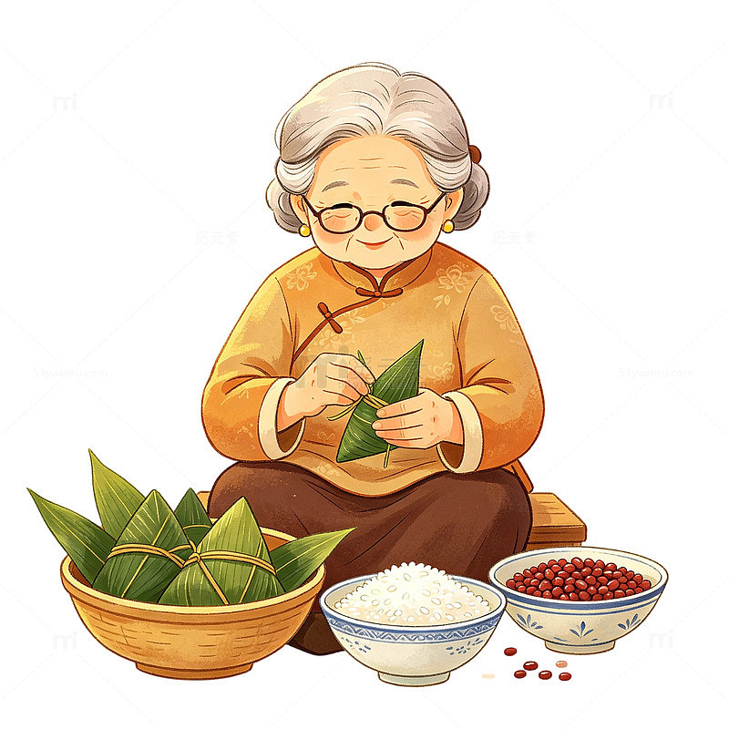 传统风格奶奶包粽子插画