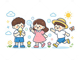 卡通夏日儿童嬉戏插画