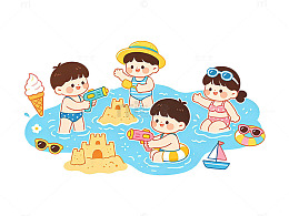 夏日泳池嬉戏儿童插画