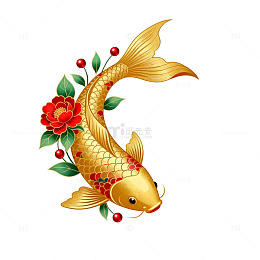 金鲤牡丹图案装饰元素