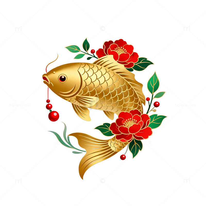 金色锦鲤花卉图案设计素材