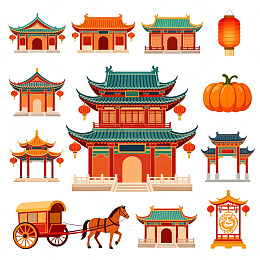 中国风古建筑元素插画设计素材