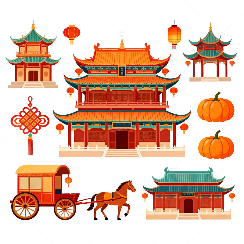 中国风古建筑元素插画