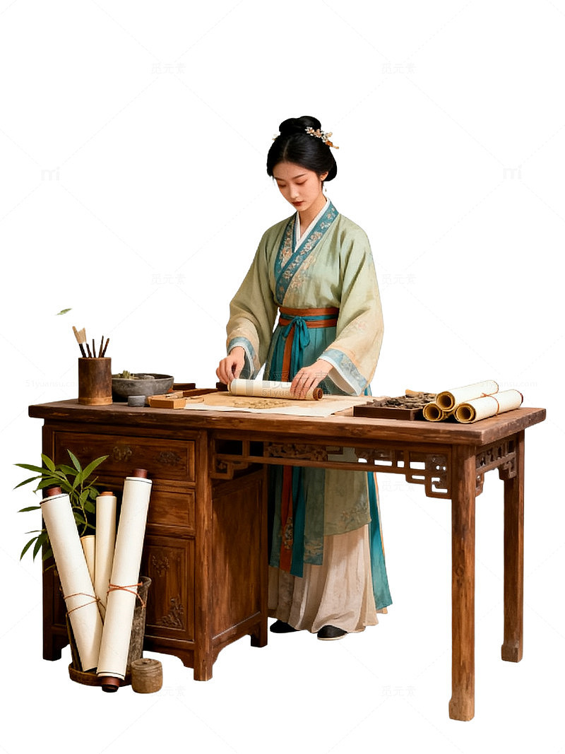 古风女子书写卷轴