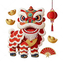 喜庆中国风舞狮元素插画