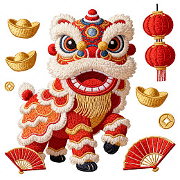 喜庆中国风舞狮金币灯笼扇面元素