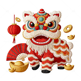 刺绣风春节舞狮金币红灯笼元素