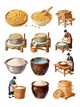 古风水磨面粉制作插画素材