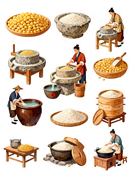 古代稻米加工插画素材