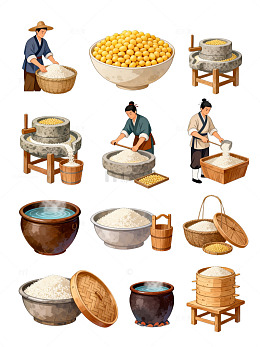 传统磨米工艺插画素材