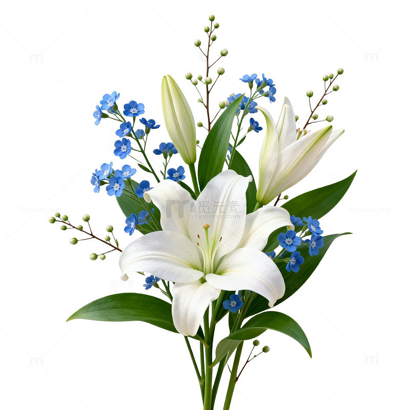百合蓝色小花插花装饰图