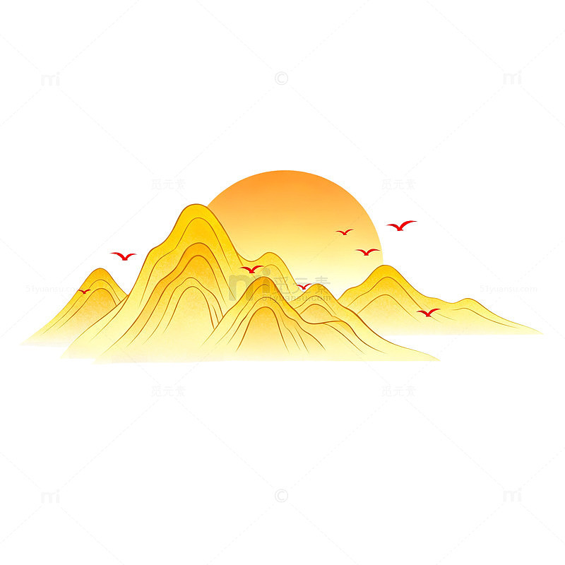 金色山水画日落飞鸟图案