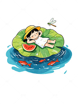夏日童趣小女孩躺在荷叶浮水插画