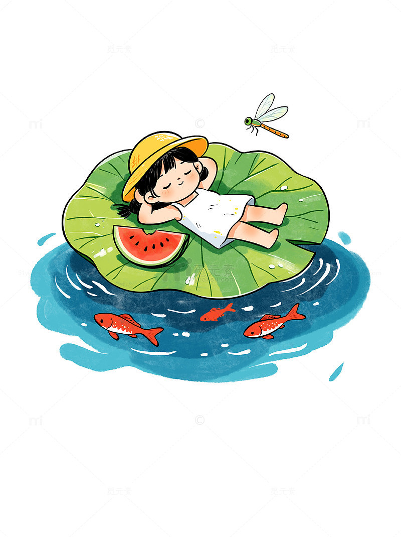 夏日童趣小女孩躺在荷叶浮水插画