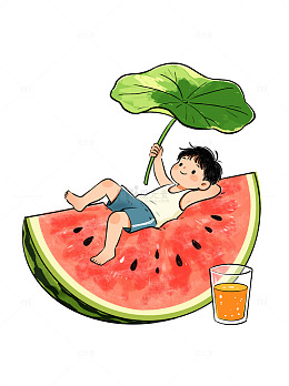夏季卡通夏日西瓜童趣荷叶插画