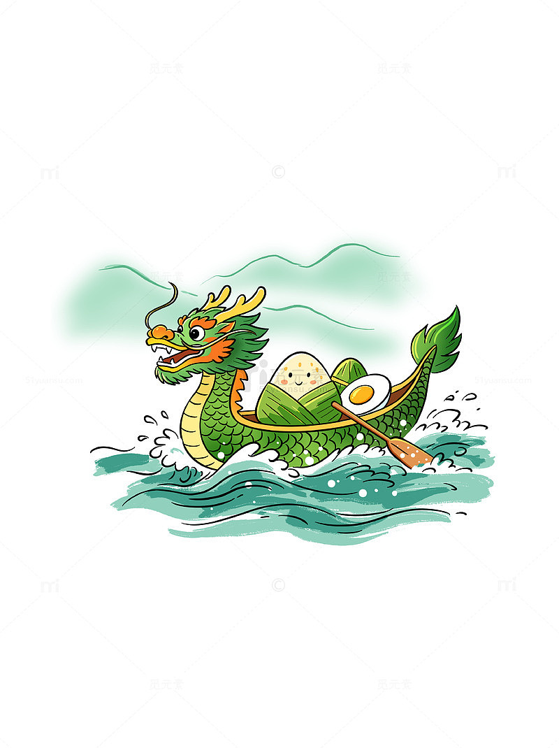 端午节卡通龙舟粽子咸蛋国潮国风插画