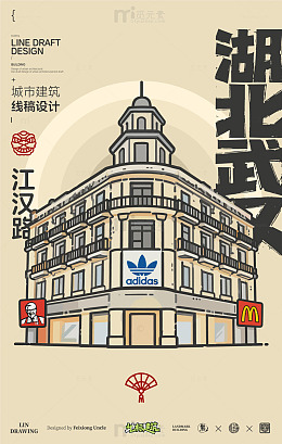 湖北武汉江汉路城市建筑线稿设计海报