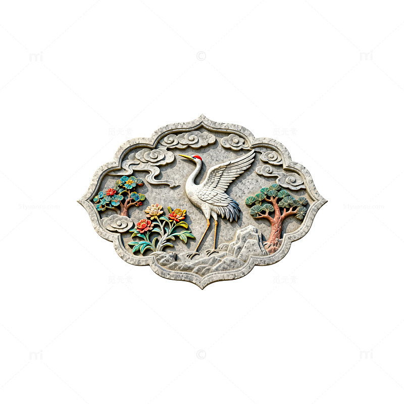 传统浮雕仙鹤树木装饰图案