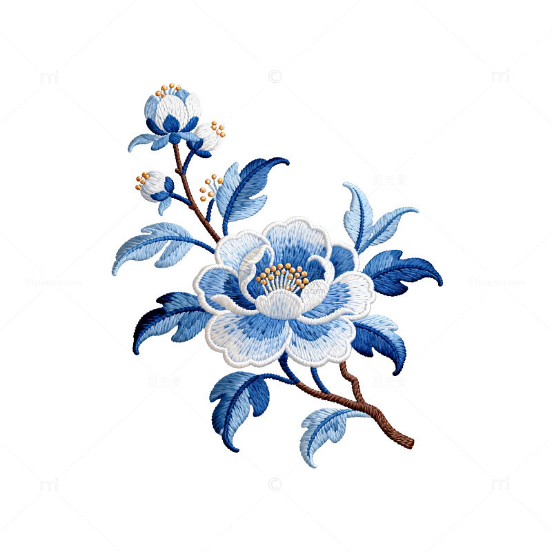 青花瓷风格花卉刺绣图案
